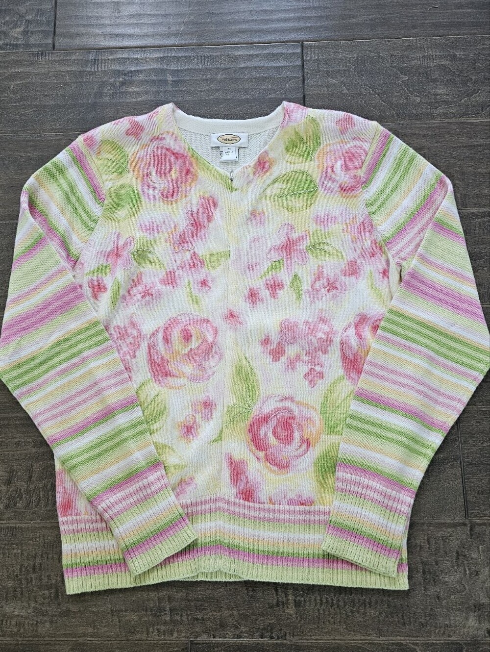 Vintage Talbots Full Zip Floral Knit Sweater in Pink and Green Sz Med